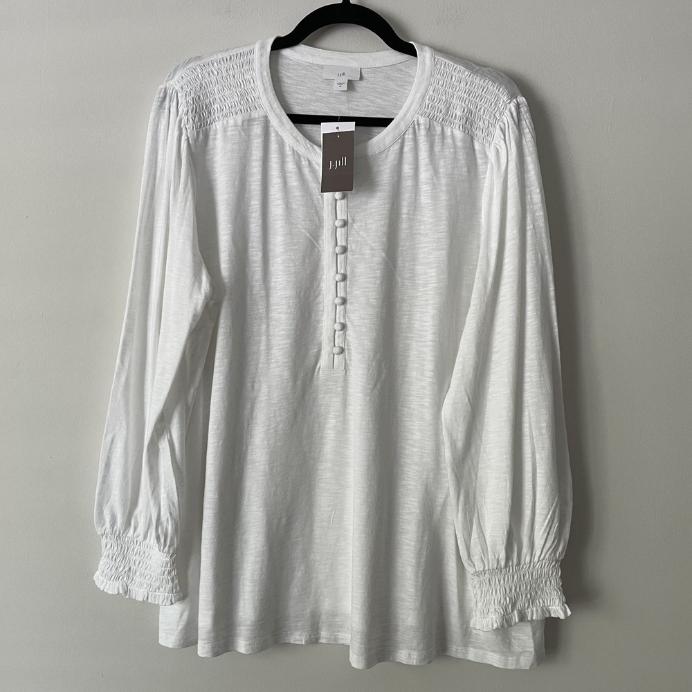 NWT J Jill Cotton Modal Long Sleeve Henley‎ Top White XL Smocked Boho Peasant